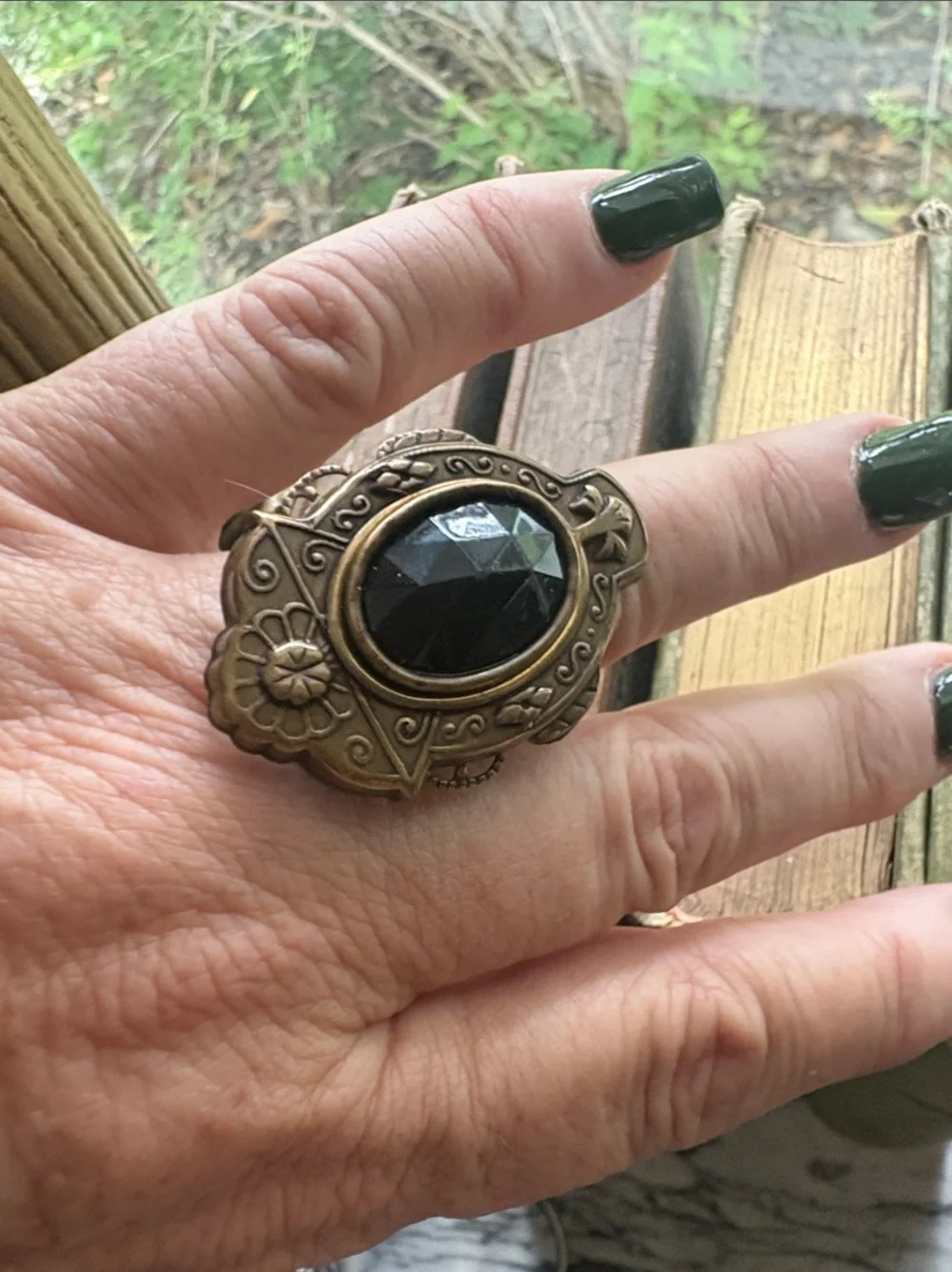 Jan Michaels Black Stone Victorian Style Ring in Brass Tone adjustable